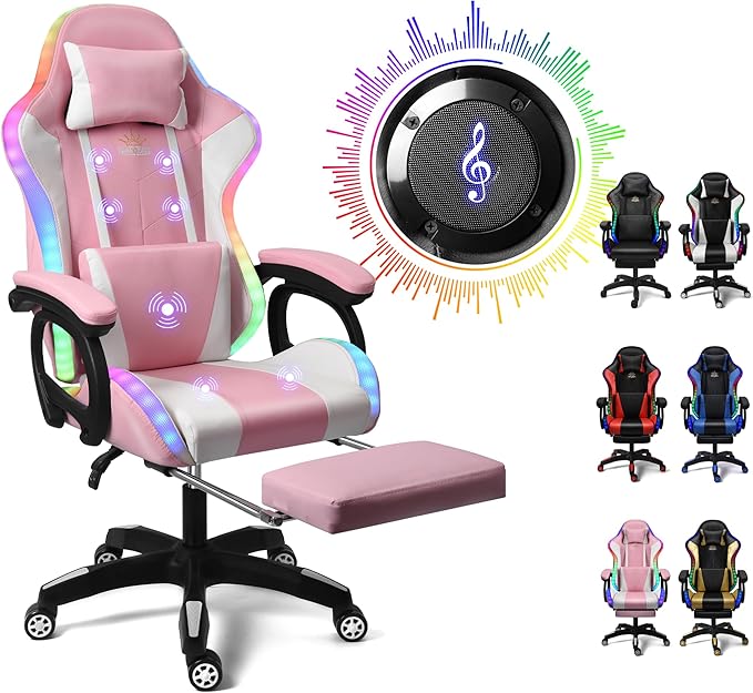 Gaming Chair with LED Lights and Speakers Ergonomic Pro Video Game Chair with Massage and Footrest for Adults Teens and Kids - Perfect for Gaming Office and Working. (Pink+White)