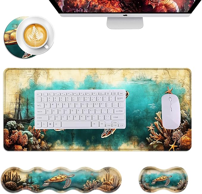 Mouse PadLarge Desk Mat Set 4in1 XL Mousepad + Keyboard Wrist Rest+Mouse Wrist Rest+Coaster with Ergonomic Desk Pad for Home Office Table Computer Cover -Sea Turtle with Coral and Ship