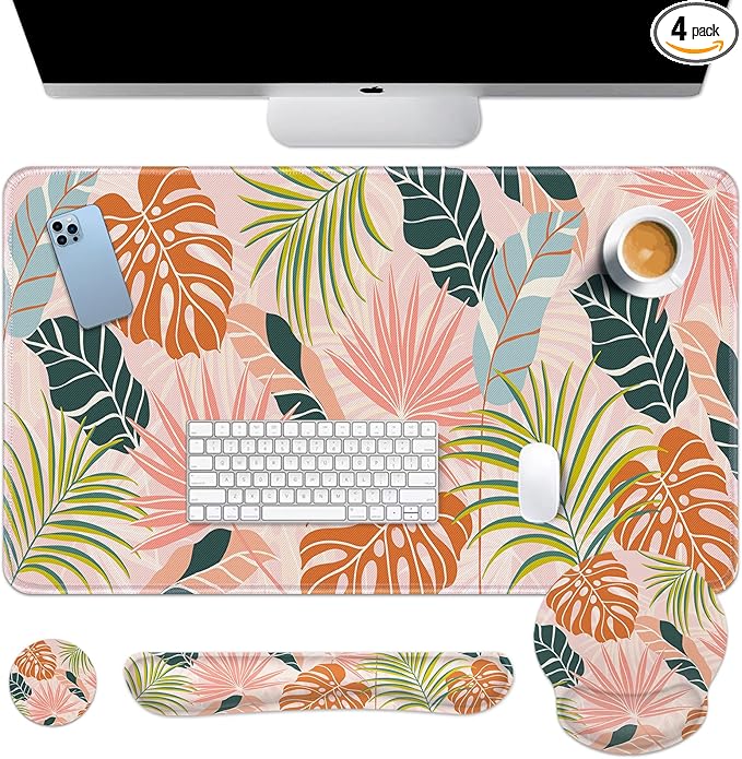 Britimes Bohemian Palm Leaf Keyboard Mouse Pad Set 4in1 Large Mousepad+Keyboard Wrist Rest+Mouse Wrist Rest+Coaster Set with Ergonomic Design for Home Office Computer 35.4x15.7 inches
