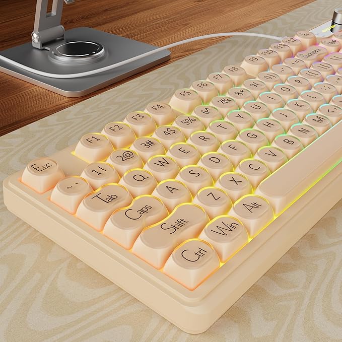 V102 Wired Keyboard 98 Keys Creamy Gaming Keyboard with Number Pad Display Screen &amp Media Knob RGB Silent Wired Cute Computer Keyboard for Laptop PC Gamer - Cream Pink