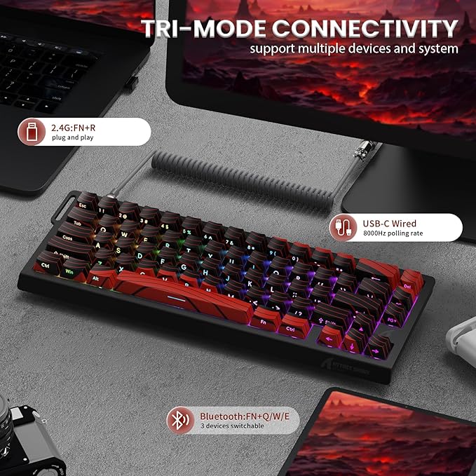 MAMBASNAKE Attack Shark X68PRO HE Rapid Trigger Wireless Keyboard 0.01mm RT Accuracy 8000Hz Wired Gaming Keyboard Adjustable Actuation Snap Tap RGB Backlit Magnetic Switch C01 Coiled Cable -Red