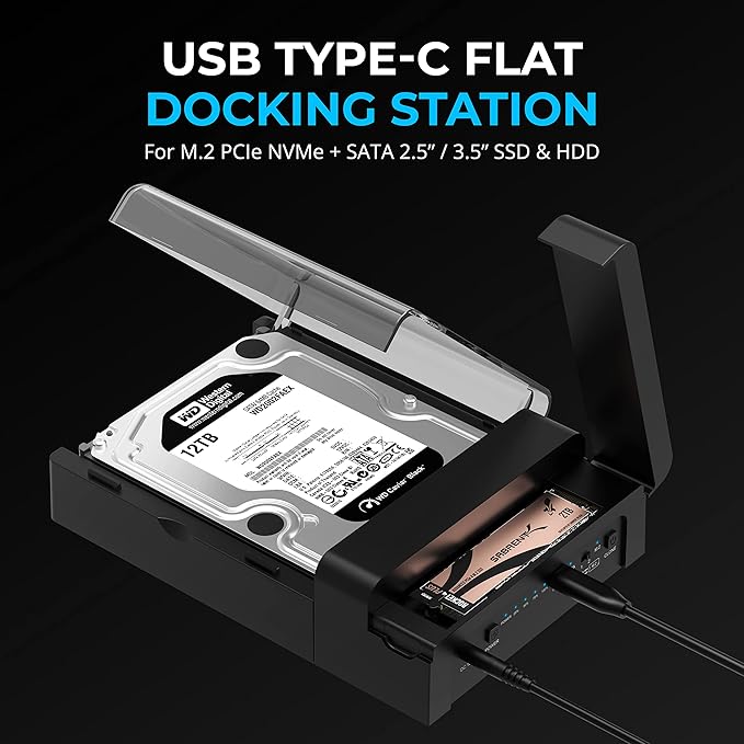 SABRENT USB-C Lay Flat Docking Station – NVMe M.2 + SATA 2.5”/3.5” SSD/HDD Enclosure 10Gbps Tool-Free Offline Clone Function USB 3.2 Type-C for Windows Mac Linux (DS-UFNC)