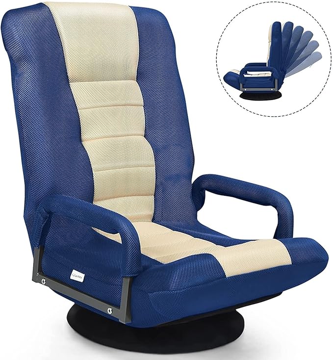 ERGOMASTER 360 Degree Swivel Video Gaming Floor Chair w/Armrests Adjustable 6-Position Folding Floor Chair Padded Backrest for Game Reading (Blue/Beige)