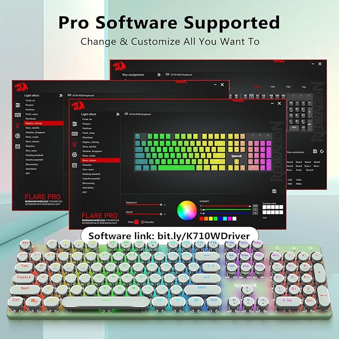 Redragon K710 Wireless Typewriter Mechanical Gaming Keyboard Bluetooth/2.4Ghz/Wired RGB Led Backlit Blue Switch - Clicky Rechargeable Solid Metal Panel Round Keycaps Green