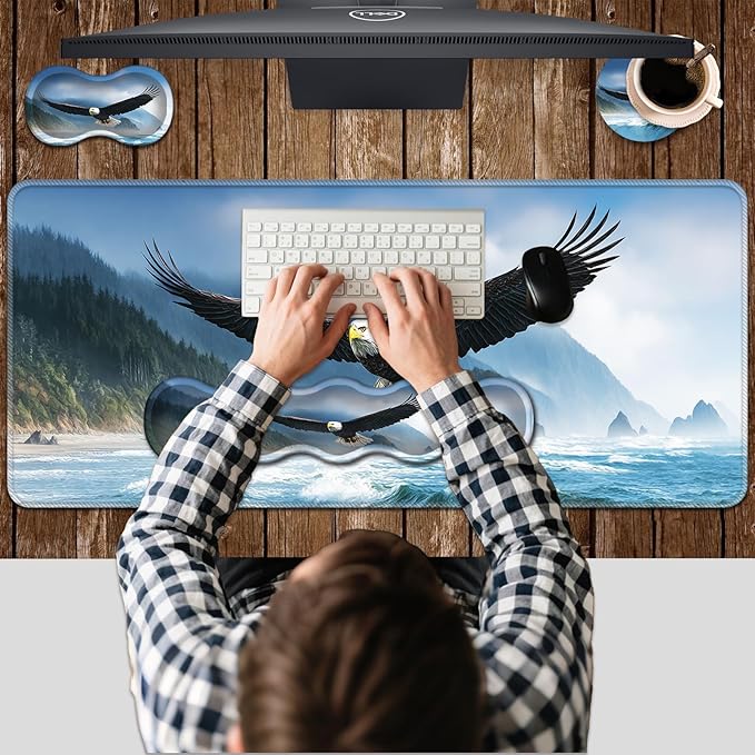 Ergonomic Keyboard Wrist Rest &amp Mouse Pad Wrist Rest SetXL Gaming Desk Mat 31.5x 11.8Non-Slip BaseMemory FoamEasy Typing Pain Relief for Office &amp HomeBald Eagle Flying Over Sea