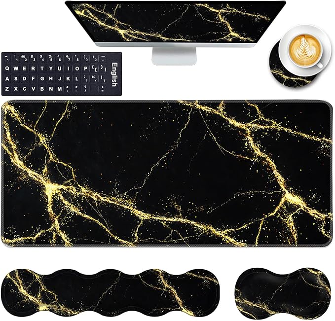 Keyboard Wrist Rest and Mouse Pad with Wrist Support Set Ergonomic CoasterMemory FoamEasy Typing Pain ReliefLarge XL Desk Mat 31.5x 11.8Black Marble