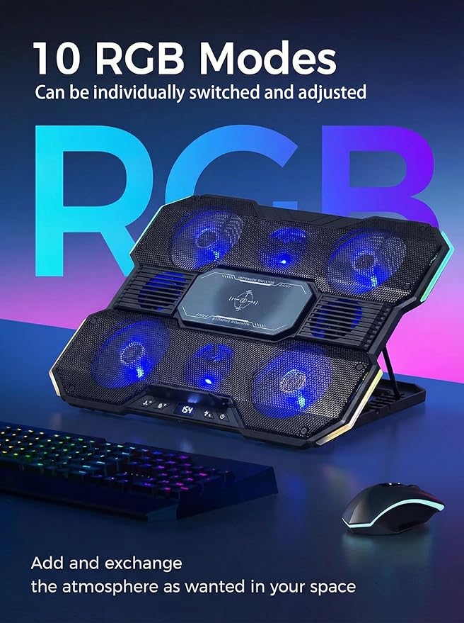 8-Fan Laptop Cooling Pad with Thermoelectric Cooler 5-Speed Independent Control 10 RGB Lights 7-Height Adjustable Metal Panel Laptop Cooler for 15.6-21 Inch Gaming Laptops