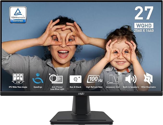 msi PRO MP275Q 27 Inch WQHD Office Monitor - 2560 x 1440 IPS Panel 100 Hz Eye-Friendly Screen Built-in Speakers Tilt-Adjustable - HDMI 2.0b DP (1.2a)