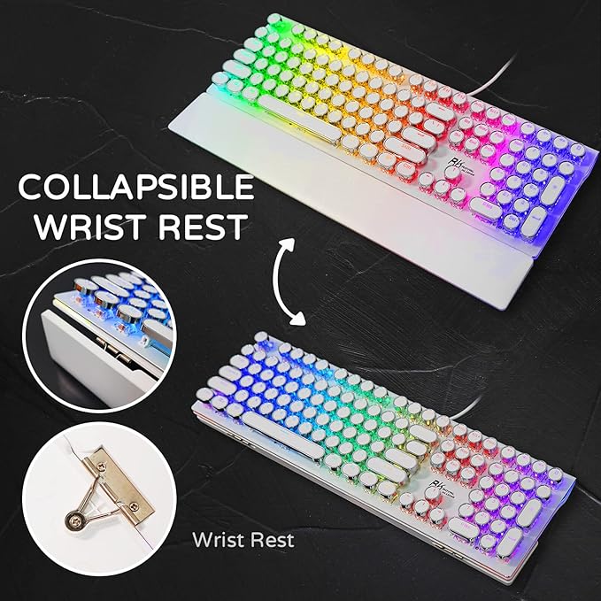 RK ROYAL KLUDGE S108 Typewriter Mechanical Keyboard Full RGB Gaming Keyboard Wired PC Game Keyboards with Detachable Wrist Rest and Number Pad Retro Round Keycaps Brown Switch White