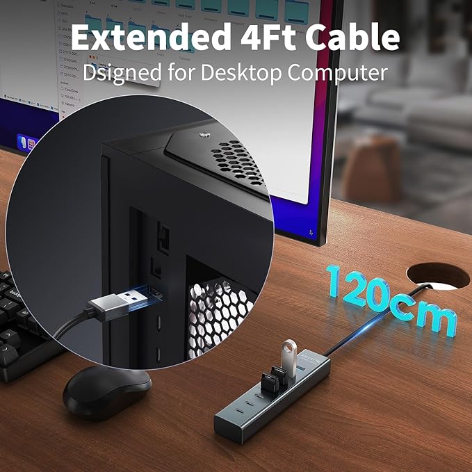 4Ft 7-Port USB Hub 3.0 for Desktop 4 USB-A &amp 3 USB-C Ports Aluminium 5Gbps USB Extender Hub USB Splitter USB Hub Long Cable for Desktop PC Flash Drive Mobile HDD SSD Windows/XPS
