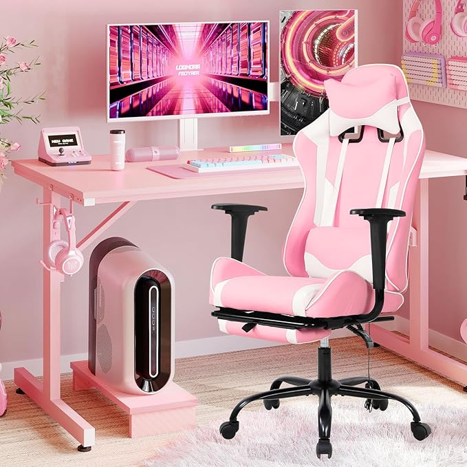 Pink Gaming Chair with Footrest Big and Tall Gaming Chairs for Adults Leather Computer Desk Chair for High Back Height Adjustable Reclining Gamer Chair with 360° Swivel Wheels &amp Lumbar Support