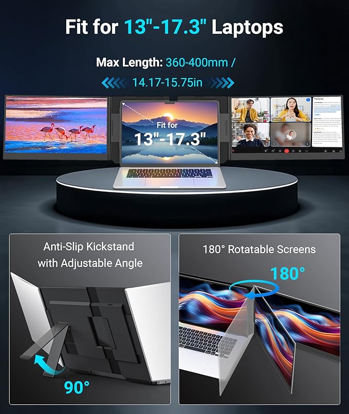 15.6 Laptop Screen Extender 1080P FHD Triple Portable Monitor for Laptops Ultra-Slim Travel Dual Monitor Fit for 13-17.3 Laptops USB-C Plug&ampPlay Extended Screen Compatible with Win/Mac/Androi