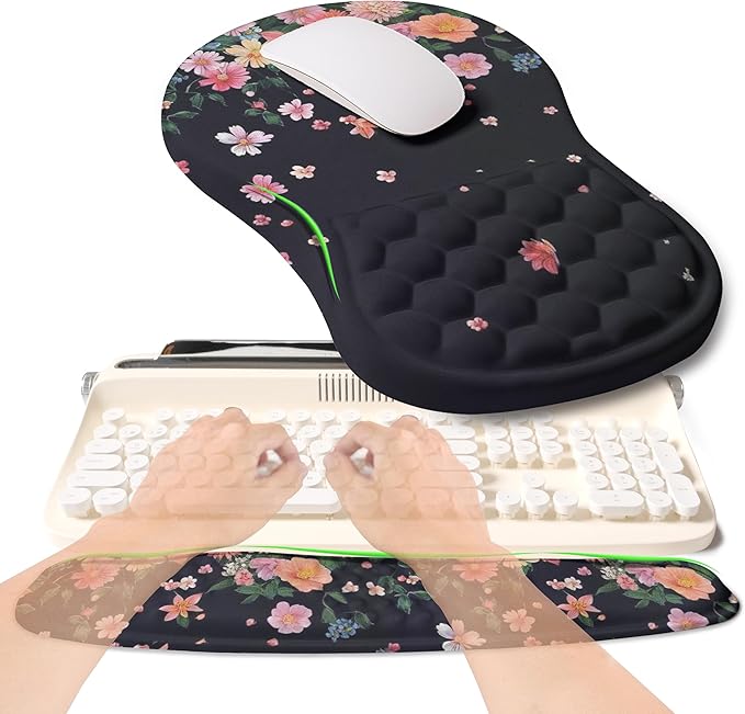 2-in-1 Ergonomic Set Wave Rise Keyboard Wrist Rest and Massage Bulge Slope Mouse Pad Wrist Support Cushion Memory Foam Integrated to Relieve Wrist Pain Flower Dance