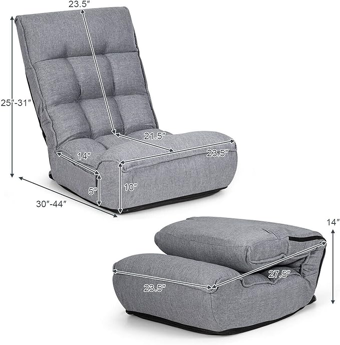DORTALA Foldable Floor Chair for Adults Memory Foam Floor Gaming Banana Chair w/ 5-Position Adjustable Head and Back Support for Bedroom Living Room Gaming Room Grey