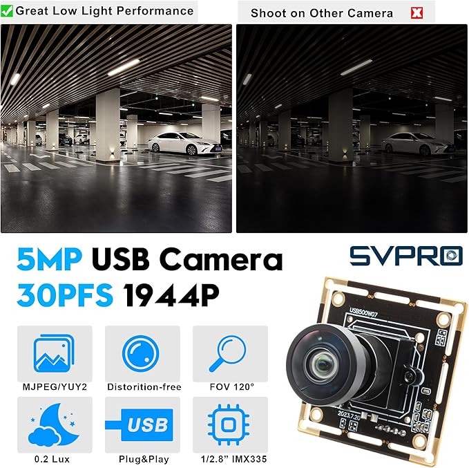 SVPRO 5MP 30FPS USB Camera Module with M12 Lens 120 Degree Wide Angle Webcam Board IMX335 Low Light Computer Vision Industrial Camera for PCRaspberry Pi Jeston Nano