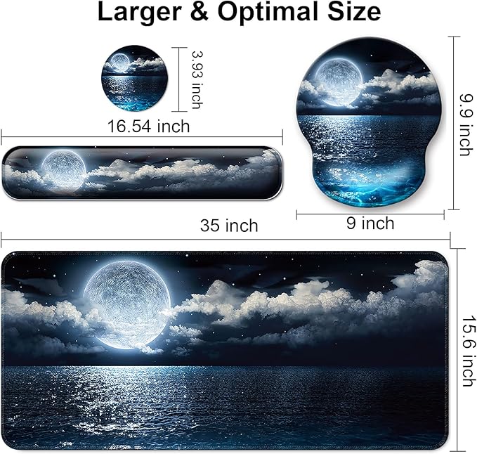 Mouse Pad + Desk Mat + Keyboard Wrist Rest + Coaster 4 in 1 Set Cute Ergonomic Large Gaming Mousepad with Wrist Rest Support Desk Pad for Computer Laptop Office Home Decor-Moon Ocean