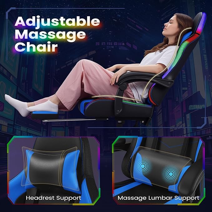 Homall Gaming Chair Video Game Chair with Footrest and Massage Lumbar Support Ergonomic Computer Chair Height Adjustable with Swivel Seat and Headrest (RGB Blue)