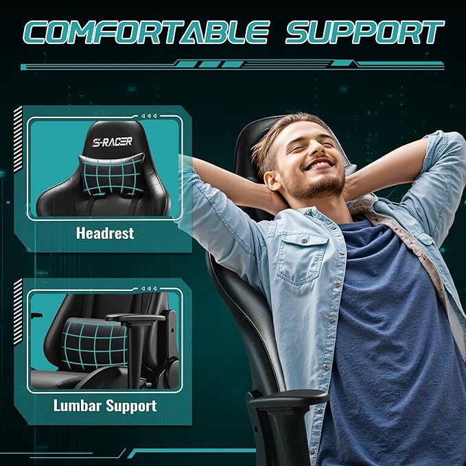 Furniwell Gaming Chair Racing Computer Chair Office Desk Chair Adjustable Swivel High Back Carbon Fiber Style Leather Executive Ergonomic Chair with Headrest and Lumbar Support (Black)