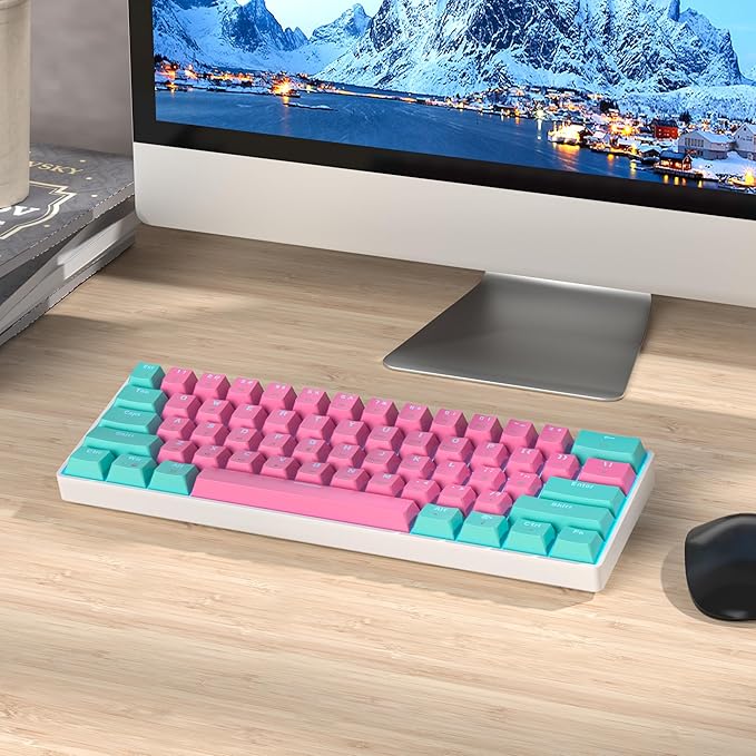 Portable 60% Mechanical Gaming Keyboard 60 Percent Red Switch LED Backlit 61 Keys Mini Pink USB Wired Office Keyboard for Windows Mac Laptop PC