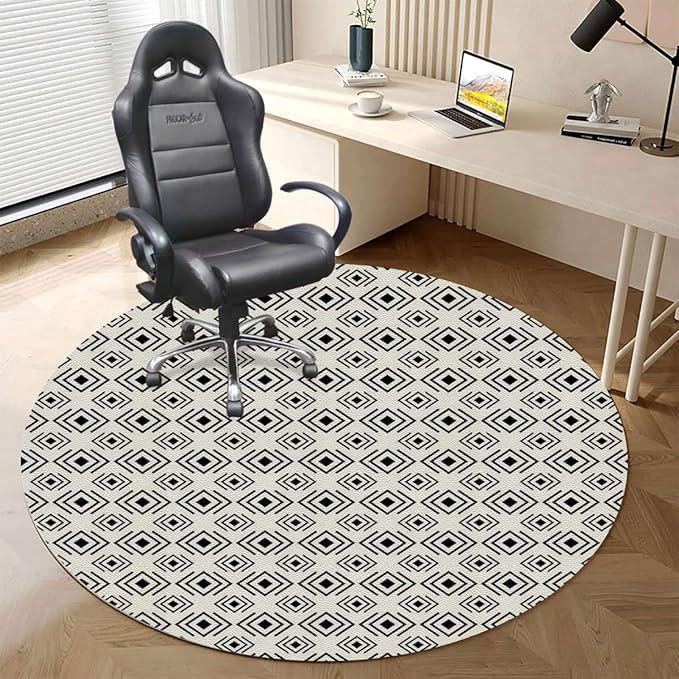 Black White PU Leather Floor Protector Office Chair Mat Round mat Geometric Vertical Square Shaped Gaming Chair Mat Protects Hardwood Floors Chairs Move Smoothly Abstract Diameter 35.4 in
