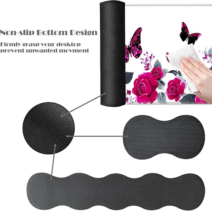 Ergonomic Keyboard Wrist Rest &amp Mouse Pad Wrist Rest SetXL Gaming Desk Mat 31.5x 11.8Non-Slip BaseMemory FoamEasy Typing Pain Relief for Office &amp HomeRoses and Black Butterflies