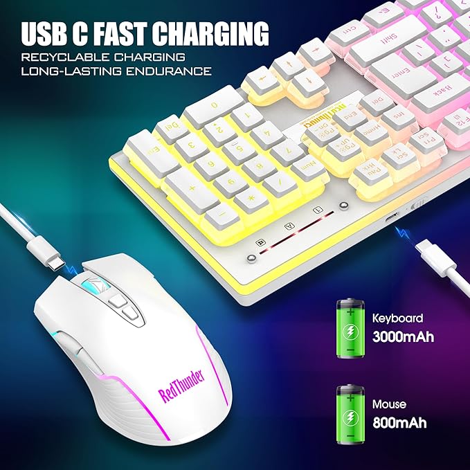 RedThunder K10 Wireless Gaming Keyboard and Mouse Combo RGB Backlit Rechargeable 3800mAh Battery Mechanical Feel Anti-ghosting Keyboard + 7D 3200DPI Mice for PC Gamer(White Pudding)