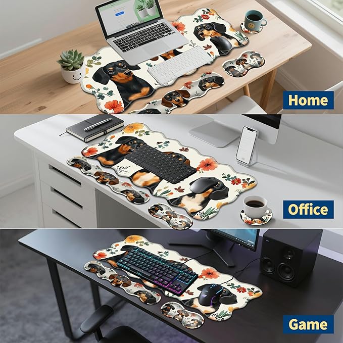 4-Piece XXL Gaming Mouse Pad Set (31.5x11.8) with Keyboard Wrist RestMouse Wrist Support &amp CoasterErgonomic Non-Slip Desk Mat for Office &amp HomeDogs and Flowers