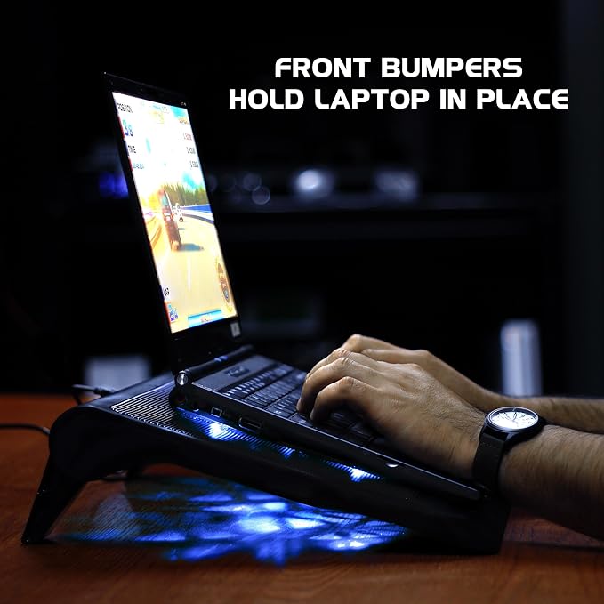 ENHANCE Gaming Laptop Cooling Pad Stand with LED Cooler Fans  Adjustable Height  &amp Dual USB Port for 17 inch Laptops - 5 Ultra Quiet High Performance Fans 2630 RPM &amp Built-In Bumpers - Blue