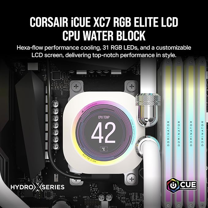 CORSAIR XC7 RGB Elite LCD CPU Water Block - 480x480 IPS LCD Screen - 31 RGB LEDs - USB-C - Fits Intel® LGA 1700 AMD® AM5 and Older - White