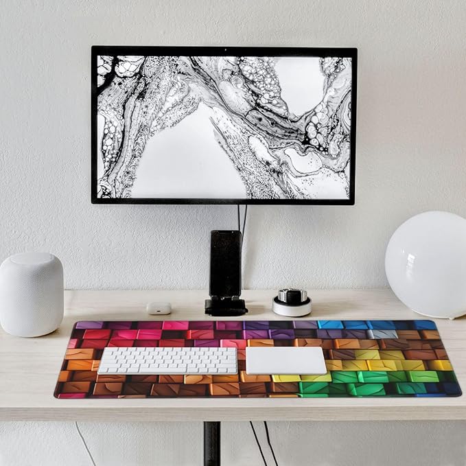 Colorful 3D Squares Large Gaming Mouse Pad 35.5 X 16 Inch Extended Desk Mat for Keyboard and Mouse Waterproof Computer Mousepad with Stitched Edges &amp Non-Slip Base