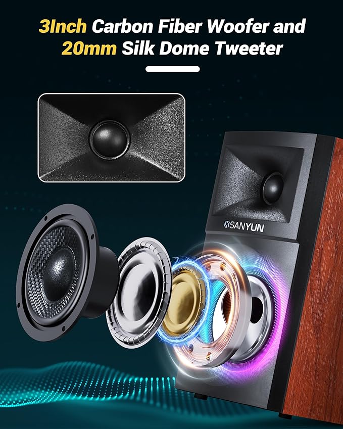 Sanyun SW203 4.0 Computer Speakers - 60W 4-Way DSP Control 3D Immersive Sound - 3 Carbon Fiber Woofer &amp 20mm Silk Dome Tweeter - 24bit DAC USB/Bluetooth 5.4/AUX - Studio-Grade Audio (Pair Red)