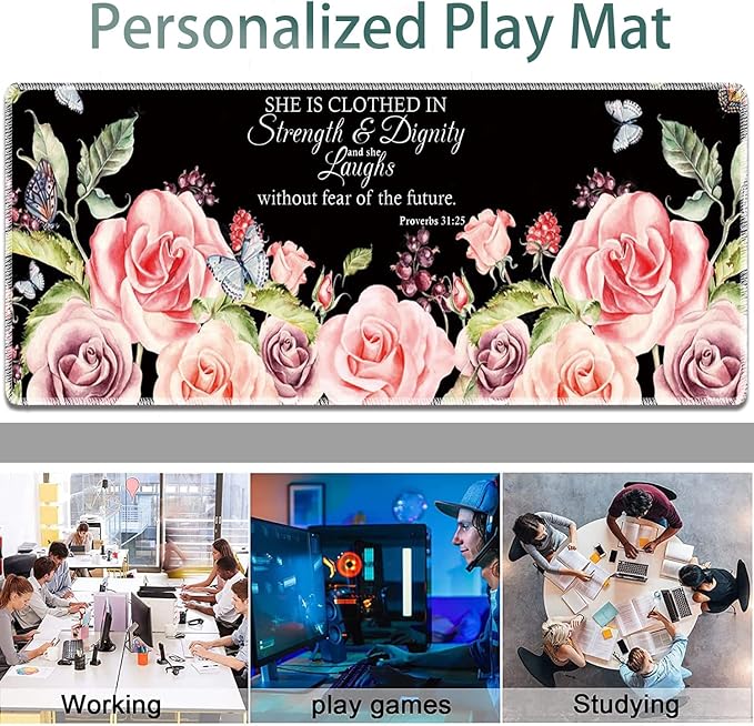 Large Gaming Mouse Pad + Keyboard Wrist Rest + Wrist Support + Coaster Set Memory Foam Ergonomic for Easy Typing XXL Extended Gaming Mouse Pad Table Pad - Proverbs 31:25 Flower