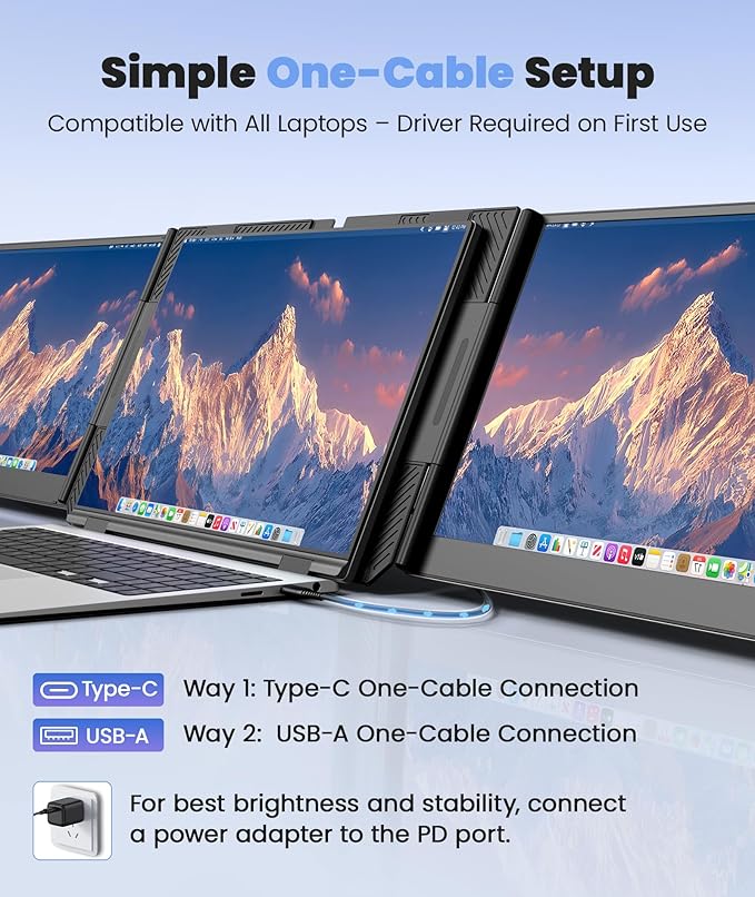 One Cable Laptop Screen Extender 15.6” Ultra-Slim Triple Portable Monitor 1080P FHD IPS Display USB-C/USB-A Connection Travel Monitor for 13–17.3 Laptops MacOS/Windows/Android