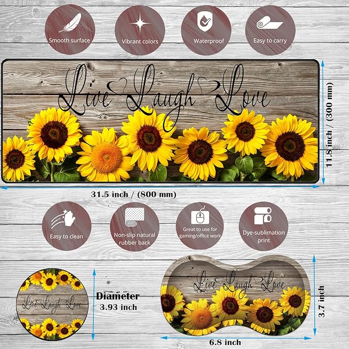 Large Game Mouse Pad + Wrist Support Pad + Coffee Coaster Sunflower Quote Live Love Laugh Foldable Table Mat with Stitched Edge Non-Slip Set Pad Suitable for Office Work and Home