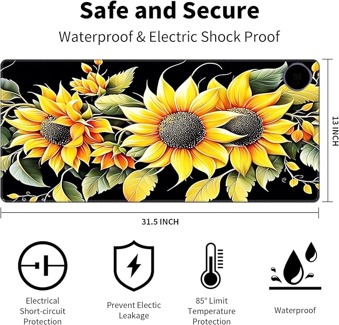Warm Desk Pad Warm Mouse Pad Gaming Office Desk Matwith 3 Levels Heated &amp 3 Hours Auto Shut - 31.5 x 13 inch PU Leather Laptop Keyboard Mat for Home Office Hand WarmerBeautiful Sunflower -91