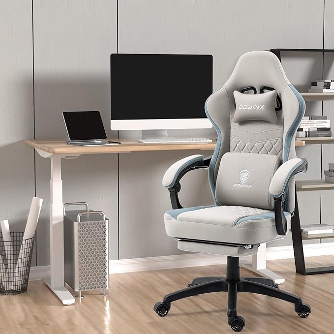 Dowinx Gaming Chair Breathable Fabric Game Chair with Gel Pad and Storage Bag Comfortable Gamer Chair with Pocket Spring CushionErgonomic Computer Chair with FootrestGrey
