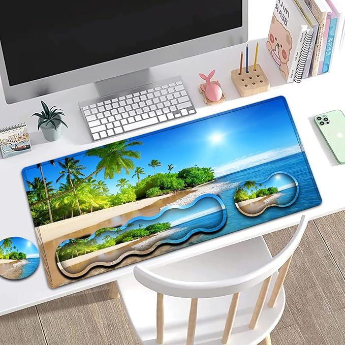 Office Desk Pad Large Mouse Pad(31.5 x 11.8) Laptop Desk Table Protector Extended Writing Mat Ergonomic Memory Foam Keyboard Wrist Rest SupportTropical Palm Sea Beach View Gaming Mouse Pad Set