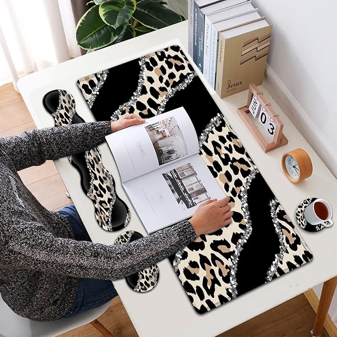 Black Large Gaming Mouse Pad - 31.5x11.8 Ergonomic Memory Foam Wrist Rest Support Non-Slip Base Leopard Design