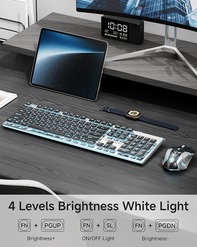 EWEADN V3 Wireless Keyboard and Mouse with Blue Backlit Metal Panel Bluetooth/2.4G Rechargeable Computer Keyboard and Mouse Combo Silent Lighted Full Size Cordless Keyboards-Black