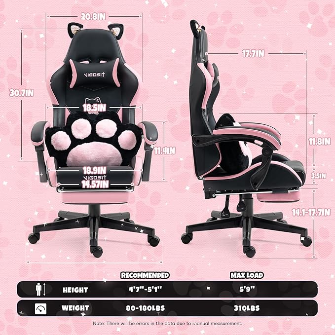 Gaming Chair Cute with Cat Ears Paw Lumbar and CushionErgonomic Computer Chair with FootrestReclining PC Game Chair for Girl Computer Chair 300lbs for Adult (Black&ampPink)