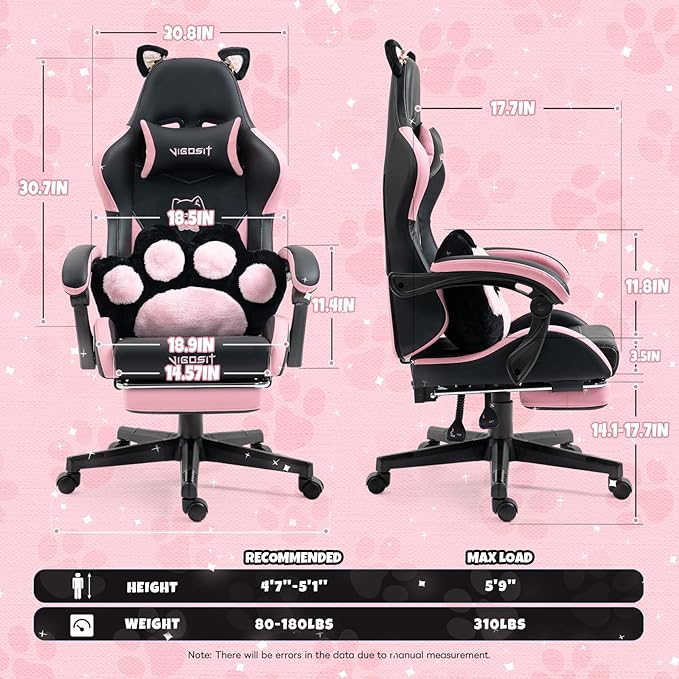 Black Cute Cat Gaming Chair with Paw Lumbar Cushion Ergonomic High-Back Gamer Chair for Boys and Girls Adjustable PC Video Game Chair for Bedroom Study Home Office