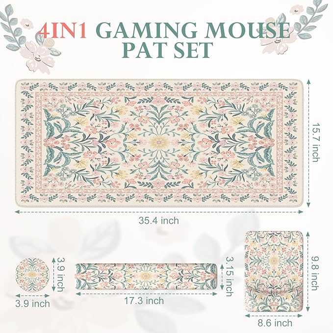 iLeadon Pink Desk Mat Set Cute Non-Slip Mouse and Keyboard Pad Mat for Desk Ergonomic Desk Mouse Pad Extra Large Floral Teacher Desk Mat with Wrist Rest for Women Home Office