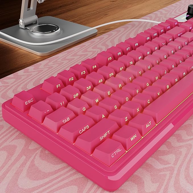 V102 Wired Keyboard 98 Keys Creamy Gaming Keyboard with Number Pad Display Screen &amp Media Knob RGB Silent Wired Cute Computer Keyboard for Laptop PC Gamer - Dark Pink