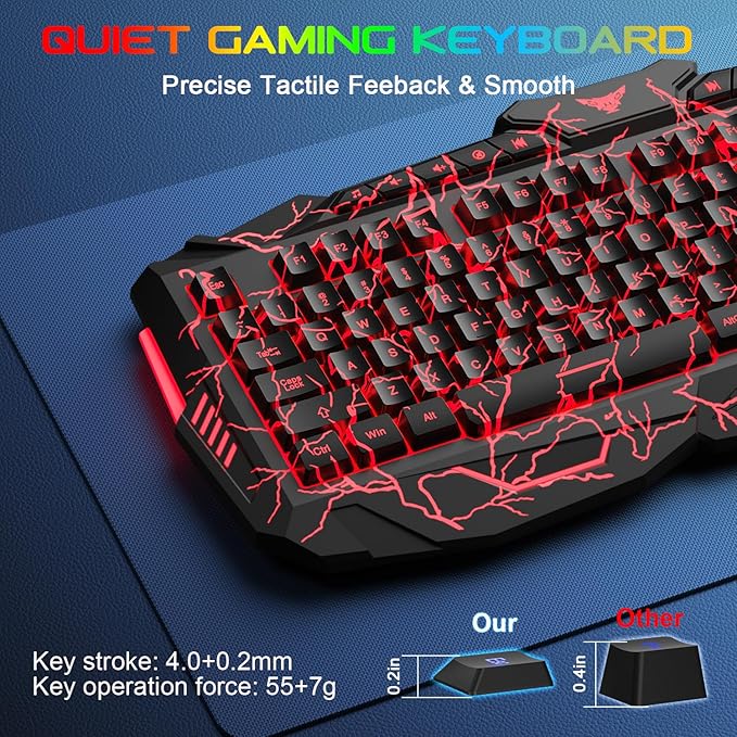 BlueFinger Gaming Keyboard Mouse Headset Combo USB Wired Crack Backlit114 Keys Letters Glow LED Keyboard Red LED Light Headset for Laptop PC Computer Work and Game