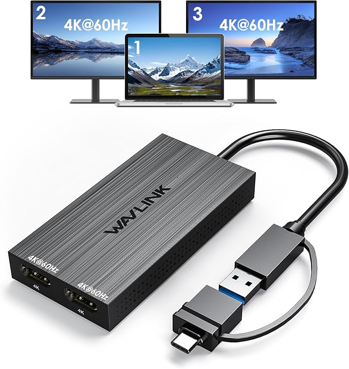 WAVLINK USB 3.0 or USB C to Dual HDMI 4K@60hz Splitter Extended Display for Dual Monitor Displaylink Adapter Two HDMI 4K 60Hz for Apple Mac M1-M5/Macbook Neo or Windows 10/11Driver Required