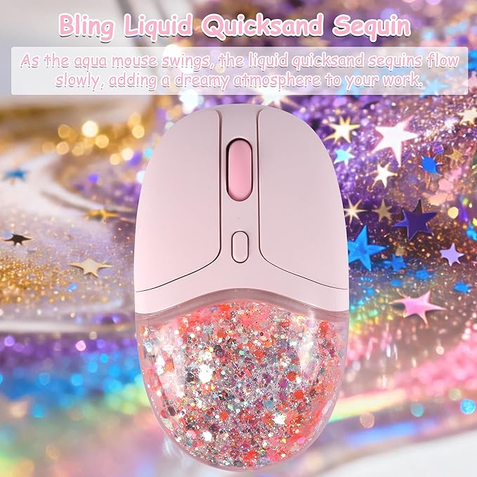 Wireless Mouse with Liquid Quicksand Sequins 2.4GHz &amp Bluetooth Dual Mode Rechargeable Silent Cute Aqua Mouse with LED Light Portable Water Mice for Laptop PC Tablet MacBook Kids Adults Gift (Pink