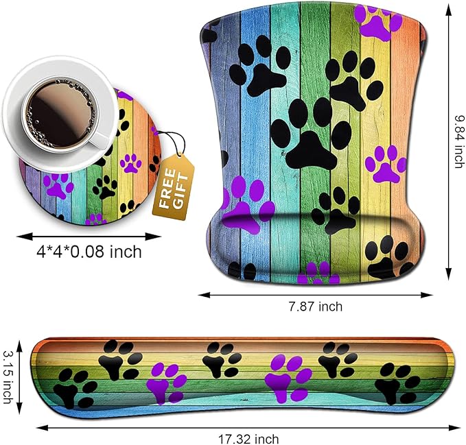 Mouse Pad with Wrist Support Memory Foam Keyboard Wrist Rest Rustic Rainbow Woodgrain Black and Purple Dog Paw Personality Desings Gaming Mousepad Office Easy Typing Games to Relieve Fatigue Non-Slip