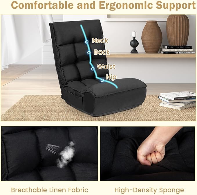 KOMFOTT Folding Floor Chair for Adults Floor Gaming Chair with 5-Position Adjustable Headrest &amp 4-Position Adjustable Backrest Side Pocket Floor Seating Lazy Sofa for Reading Meditating Black