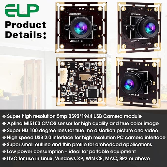 ELP 5mp Wide Angle USB Camera Module for Computer and Raspberry Pi Mini UVC USB2.0 PC Camera 100degree Low Distortion Webcam Board MI5100 Lightburn Camera Laser Engraver Camera for Laptop Jetson Nano