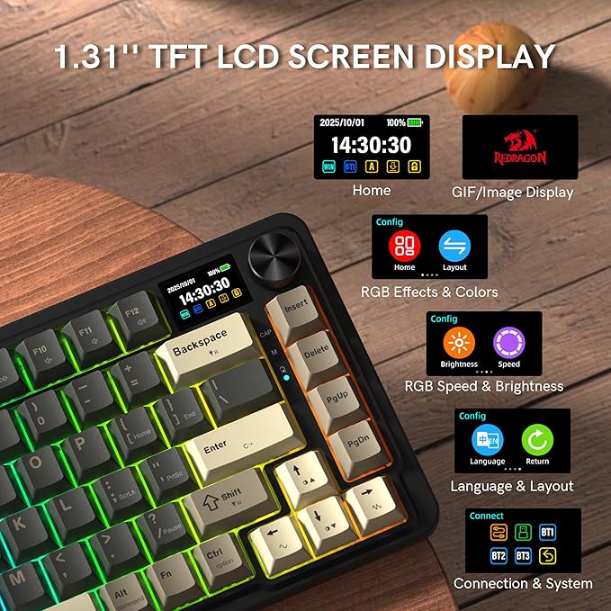 Redragon K751 75% Wireless Mechanical Gaming Keyboard for PC/Mac Bluetooth 5.0/2.4GHz/USB C Wired Creamy Keyboards with Screen/Knob/RGB/Backlit/Linear Switches Hot Swappable Gasket (Retro Brown)